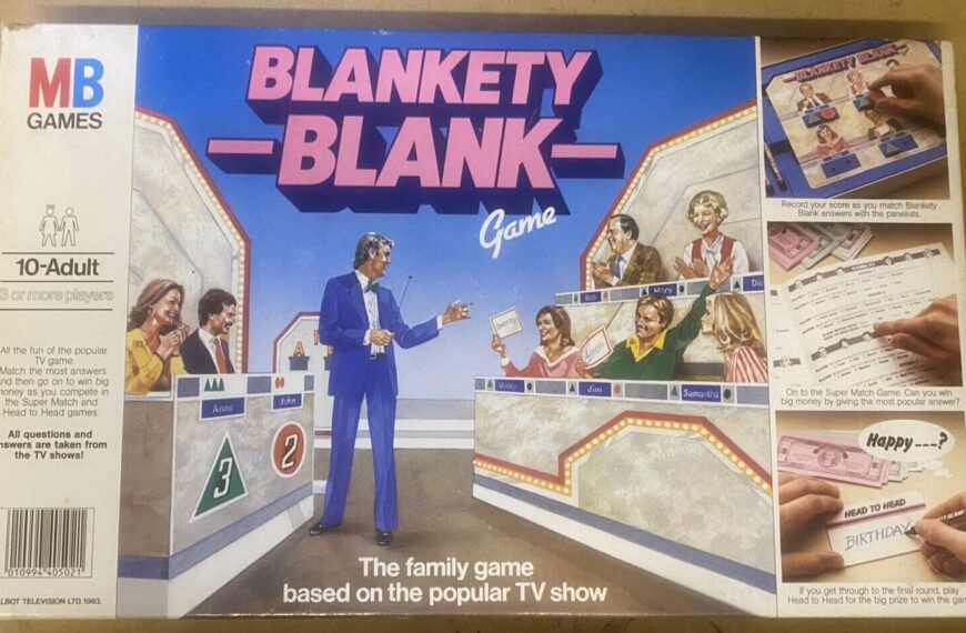Box cover of the "Blankety Blank" board game featuring illustrated images of a game show setup with a host and contestants, along with images of game components and playing cards, and descriptive text about the gameplay.
