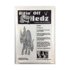 An image of a slightly worn-out paper featuring a game titled "Bitin' Off Hedz," described as a Cheapass Game for 2-8 players. The top of the page shows a cartoonish T-Rex's head, and below it is a larger sketch of two T-Rexes standing. There is descriptive text about the game's prehistoric theme and requirements, like "pawns for every player," "counters," and an "8-sided dice." The bottom right corner includes contact information with an email address.