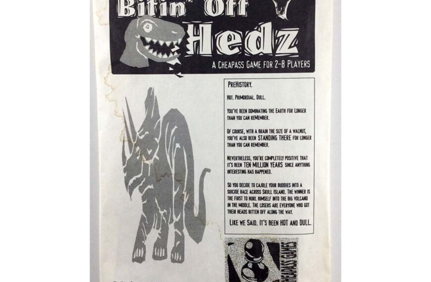 An image of a slightly worn-out paper featuring a game titled "Bitin' Off Hedz," described as a Cheapass Game for 2-8 players. The top of the page shows a cartoonish T-Rex's head, and below it is a larger sketch of two T-Rexes standing. There is descriptive text about the game's prehistoric theme and requirements, like "pawns for every player," "counters," and an "8-sided dice." The bottom right corner includes contact information with an email address.