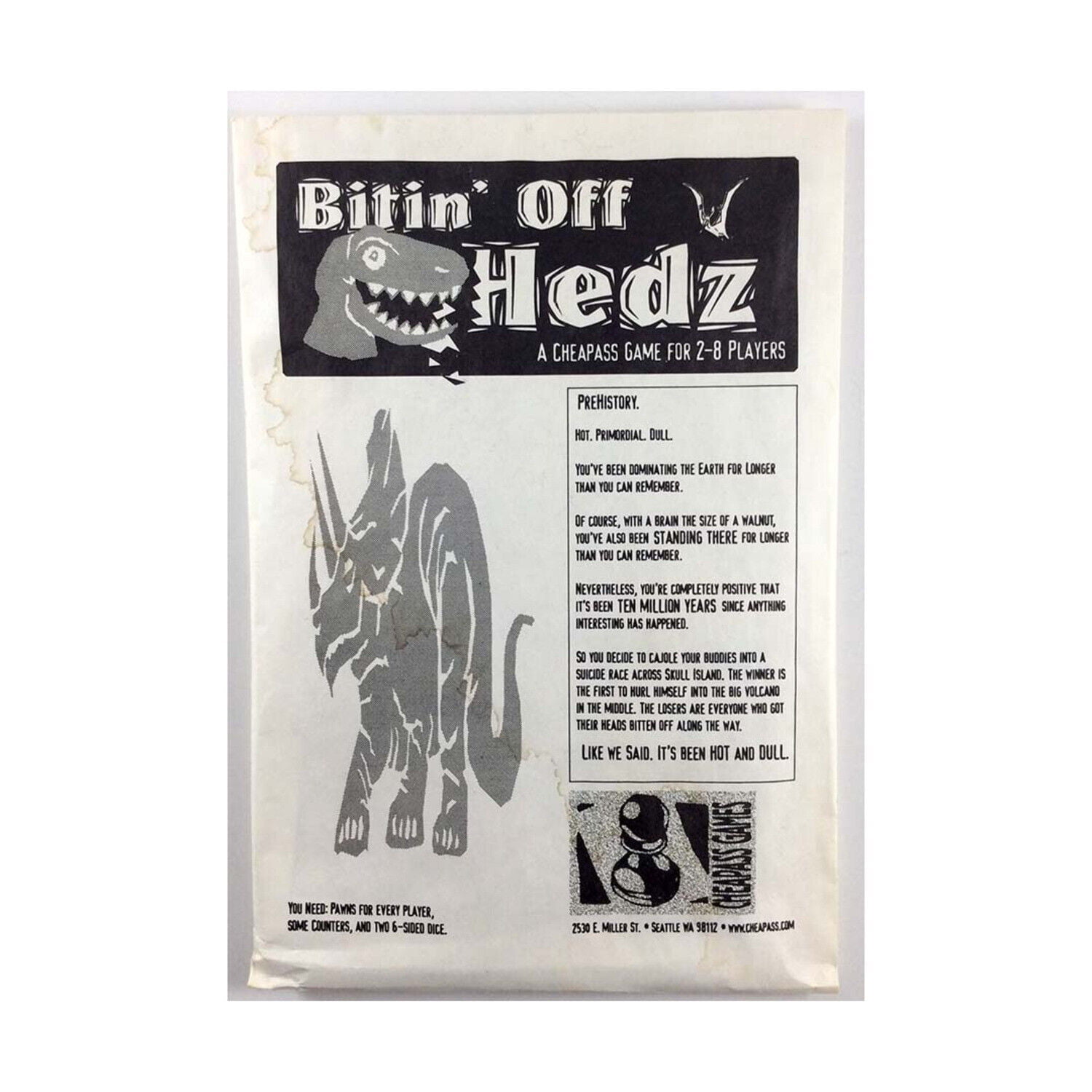 An image of a slightly worn-out paper featuring a game titled "Bitin' Off Hedz," described as a Cheapass Game for 2-8 players. The top of the page shows a cartoonish T-Rex's head, and below it is a larger sketch of two T-Rexes standing. There is descriptive text about the game's prehistoric theme and requirements, like "pawns for every player," "counters," and an "8-sided dice." The bottom right corner includes contact information with an email address.