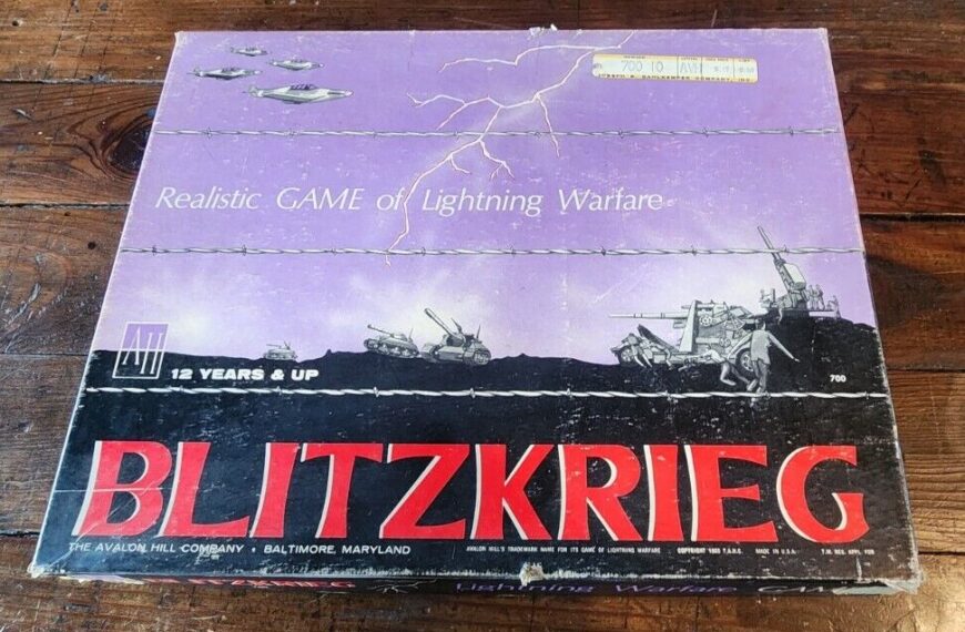 A worn board game box labeled "BLITZKRIEG" with the subtitle "Realistic GAME of Lightning Warfare" for ages "12 YEARS & UP," featuring military imagery, by THE AVALON HILL COMPANY, BALTIMORE, MARYLAND, displayed on a wooden surface.