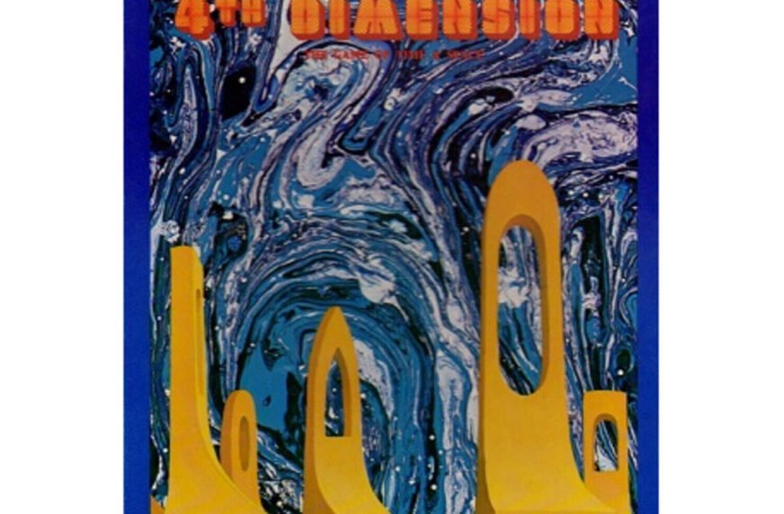 An image of a board game cover titled "4th Dimension" with a swirling blue and white marbled background and three-dimensional yellow text in the foreground. The cover also states it's for two players, ages 10 to adult, with a playing time of 30 minutes.