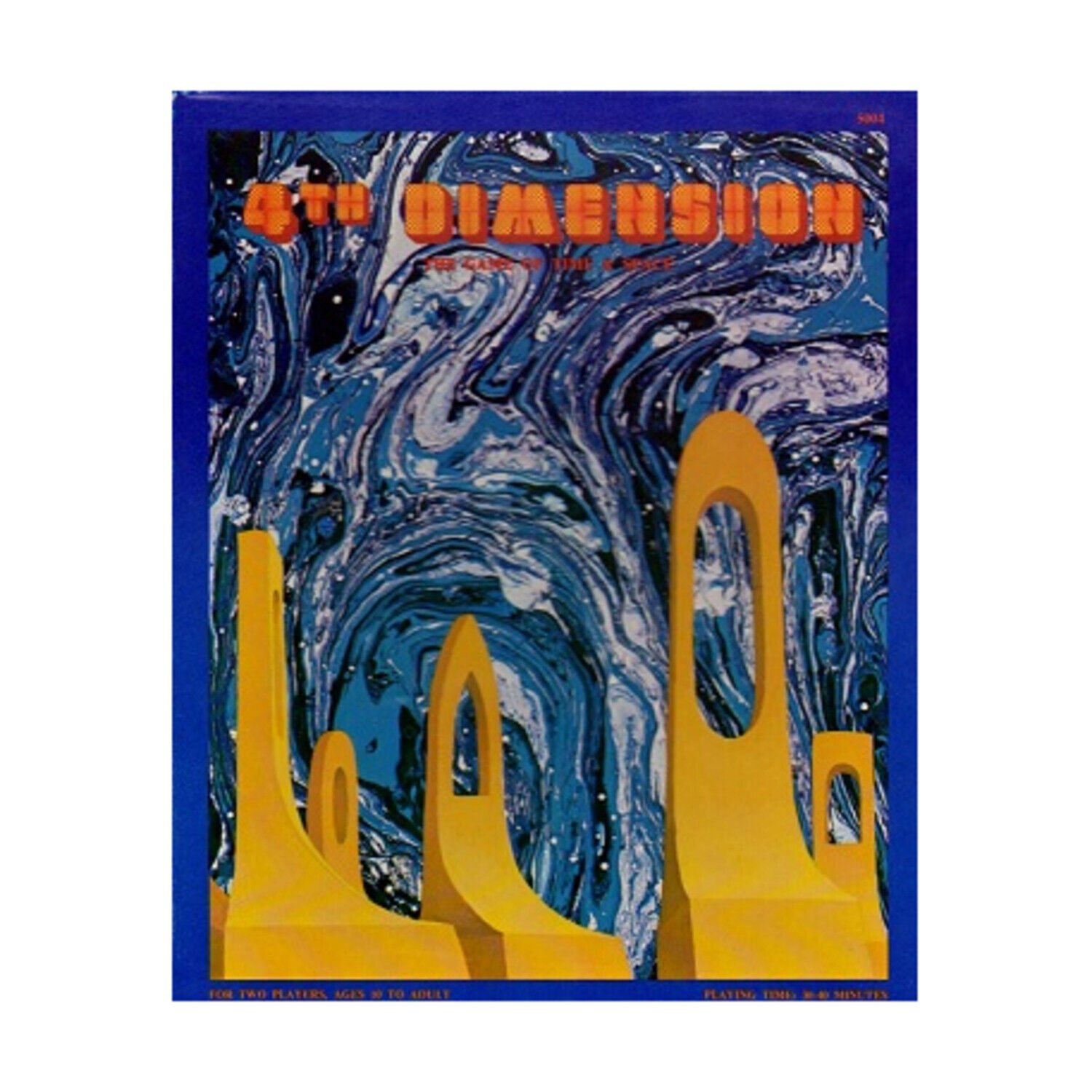 An image of a board game cover titled "4th Dimension" with a swirling blue and white marbled background and three-dimensional yellow text in the foreground. The cover also states it's for two players, ages 10 to adult, with a playing time of 30 minutes.