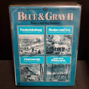 A photo of the board game "Blue & Gray II" which includes depictions of four Civil War battles: Fredericksburg, Hooker and Lee, Chattanooga, and Battle of the Wilderness, as displayed on the box cover.