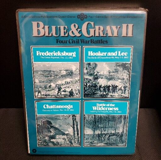 A photo of the board game "Blue & Gray II" which includes depictions of four Civil War battles: Fredericksburg, Hooker and Lee, Chattanooga, and Battle of the Wilderness, as displayed on the box cover.