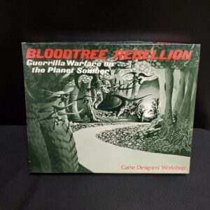 A tabletop game box titled "BLOODTREE REBELLION - Guerrilla Warfare on the Planet Somber" from Game Designers' Workshop, featuring monochrome artwork of a fantastical forest scene with large trees and armed figures hiding among the foliage.