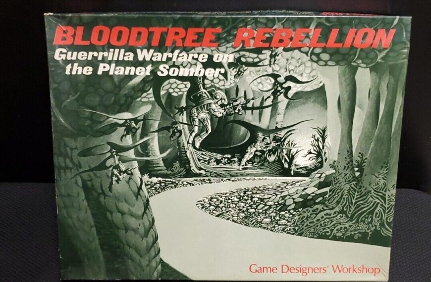 A tabletop game box titled "BLOODTREE REBELLION - Guerrilla Warfare on the Planet Somber" from Game Designers' Workshop, featuring monochrome artwork of a fantastical forest scene with large trees and armed figures hiding among the foliage.