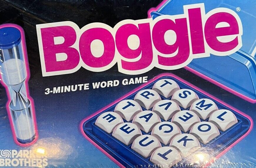 A Boggle board game box, highlighting the game's name in large pink letters and featuring an image of the lettered dice used in play, with the tagline "3-MINUTE WORD GAME" and the Parker Brothers logo visible.