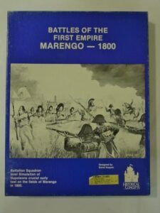 A board game cover titled "BATTLES OF THE FIRST EMPIRE MARENGO — 1800," featuring an illustration of Napoleonic-era soldiers in battle, the text noting it as a Battalion Squadron level simulation of Napoleon's early test on the fields of Marengo in 1800, designed by David N. Michaels and produced by SPI Games under the series Historical Concepts.