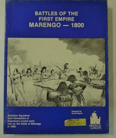 A board game cover titled "BATTLES OF THE FIRST EMPIRE MARENGO — 1800," featuring an illustration of Napoleonic-era soldiers in battle, the text noting it as a Battalion Squadron level simulation of Napoleon's early test on the fields of Marengo in 1800, designed by David N. Michaels and produced by SPI Games under the series Historical Concepts.