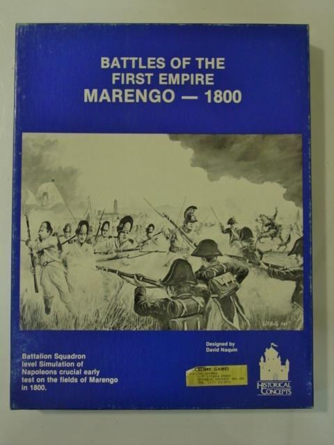 A board game cover titled "BATTLES OF THE FIRST EMPIRE MARENGO — 1800," featuring an illustration of Napoleonic-era soldiers in battle, the text noting it as a Battalion Squadron level simulation of Napoleon's early test on the fields of Marengo in 1800, designed by David N. Michaels and produced by SPI Games under the series Historical Concepts.