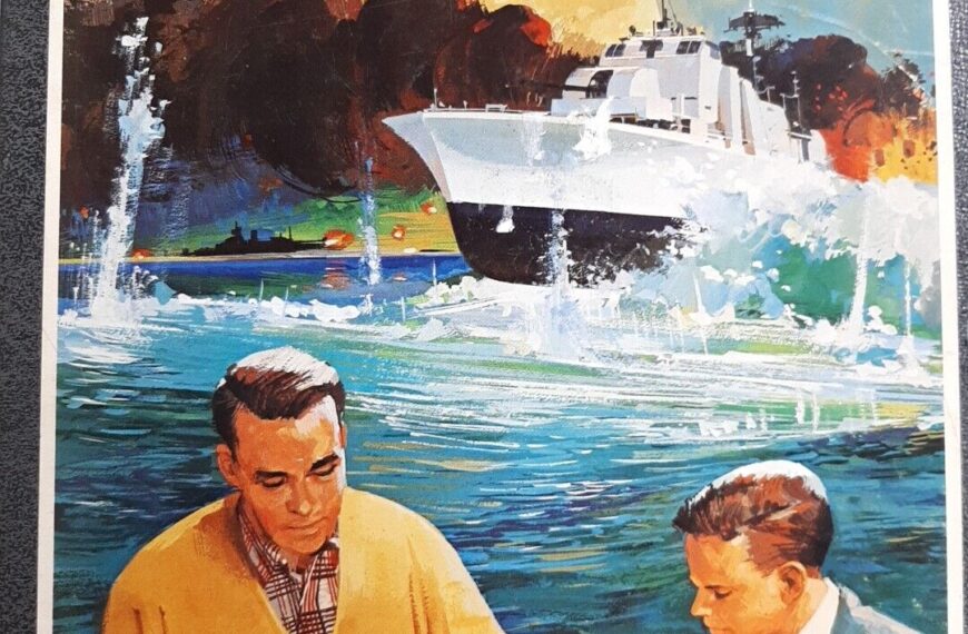 Vintage board game cover art for "breakthru" depicting two men playing a strategy game with a yacht and a scenic coastline in the background.