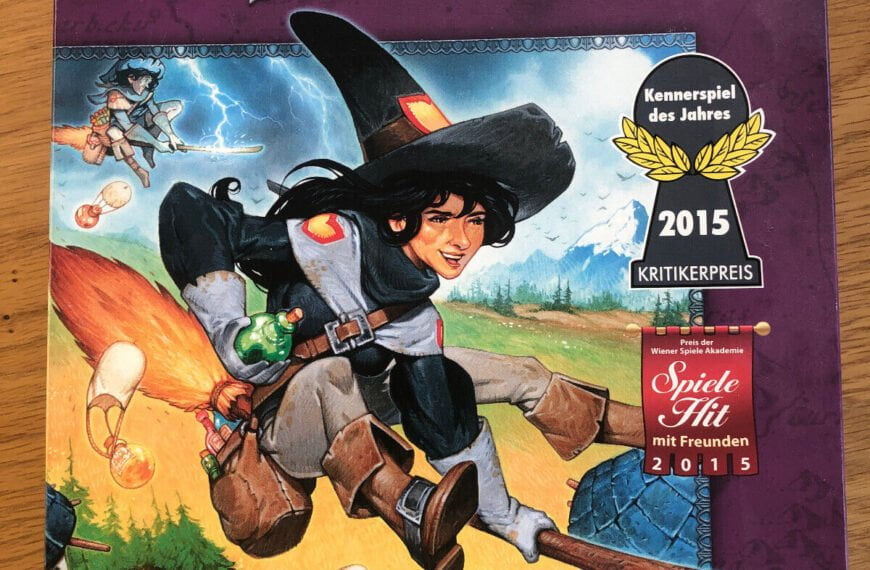 "Broom Service" board game box by Andreas Pelikan & Alexander Pfister, featuring vivid illustration of a witch on a broomstick and a potion being dropped, with the Kennerspiel des Jahres 2015 award, and logos for Ravensburger and Alea.