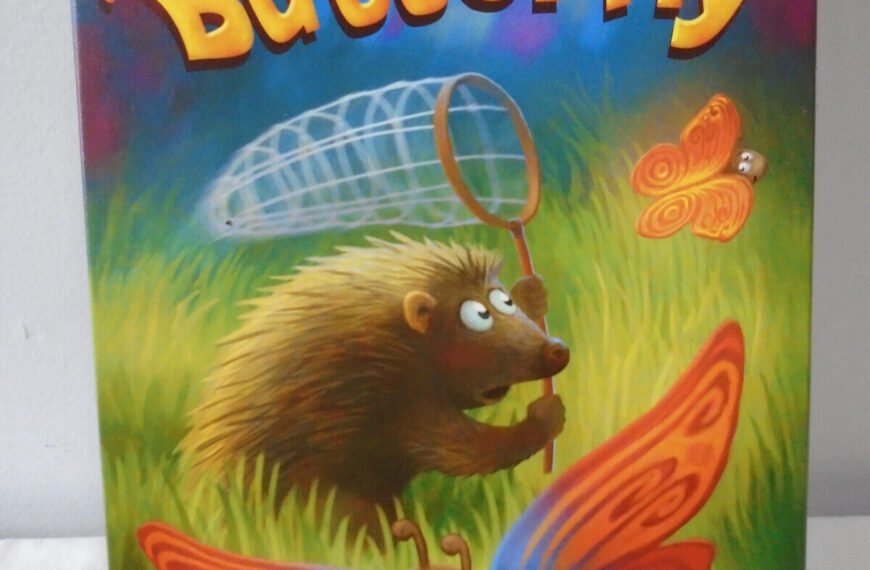 Board game cover titled "Butterfly" by Stephen Glenn, depicting a whimsical scene with an anthropomorphic hedgehog holding a magnifying glass and butterflies with cartoonish faces and large wings, published by Rio Grande Games.