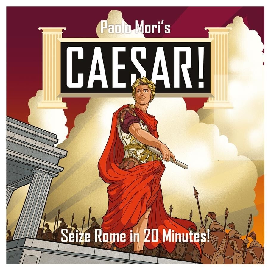 Illustration depicting a commanding figure in Roman attire standing atop a platform, with a legion of soldiers in the background, under the title "Paolo Mori's CAESAR!" with the tagline "Seize Rome in 20 Minutes!" below.