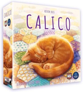 Image of the board game "Calico" featuring an illustration of a sleeping orange cat on a quilt. The box includes the game's title, designer Kevin Russ, and illustrator Beth Sobel, with logos of AEG and Flatout Games.
