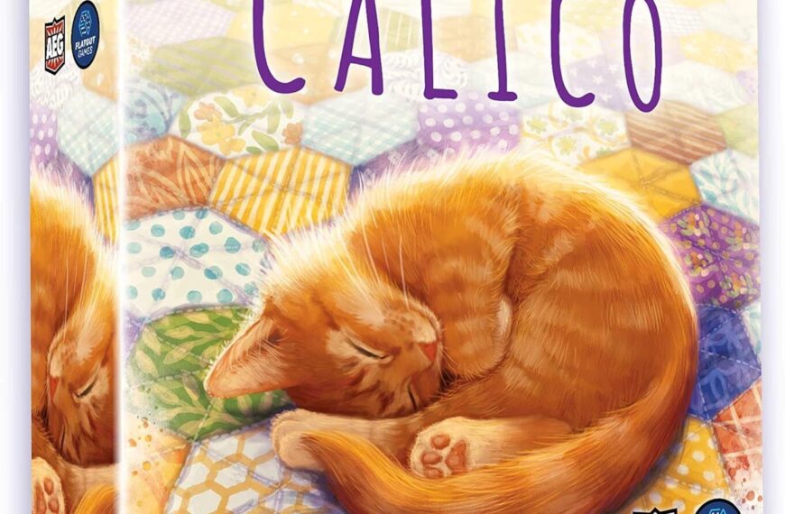 Image of the board game "Calico" featuring an illustration of a sleeping orange cat on a quilt. The box includes the game's title, designer Kevin Russ, and illustrator Beth Sobel, with logos of AEG and Flatout Games.