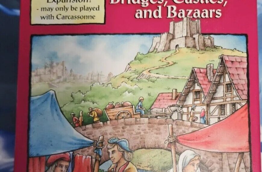 Box cover of "Carcassonne: Bridges, Castles, and Bazaars" expansion with medieval-themed illustration, including characters trading goods in a market and a castle in the background.