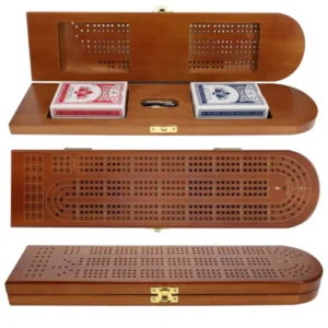 A wooden cribbage board set displayed in three sections: the top section shows the inside of the box with a deck of red cards, a deck of blue cards, and a small compartment with pegs; the middle section features a close-up of the cribbage board's pegging surface; the bottom section shows the closed cribbage box with brass latches.