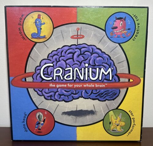 Box cover of the board game "Cranium" featuring a cartoonish brain and four colorful sections, each with a character representing different types of challenges: Word Worm, Data Head, Creative Cat, and Star Performer.