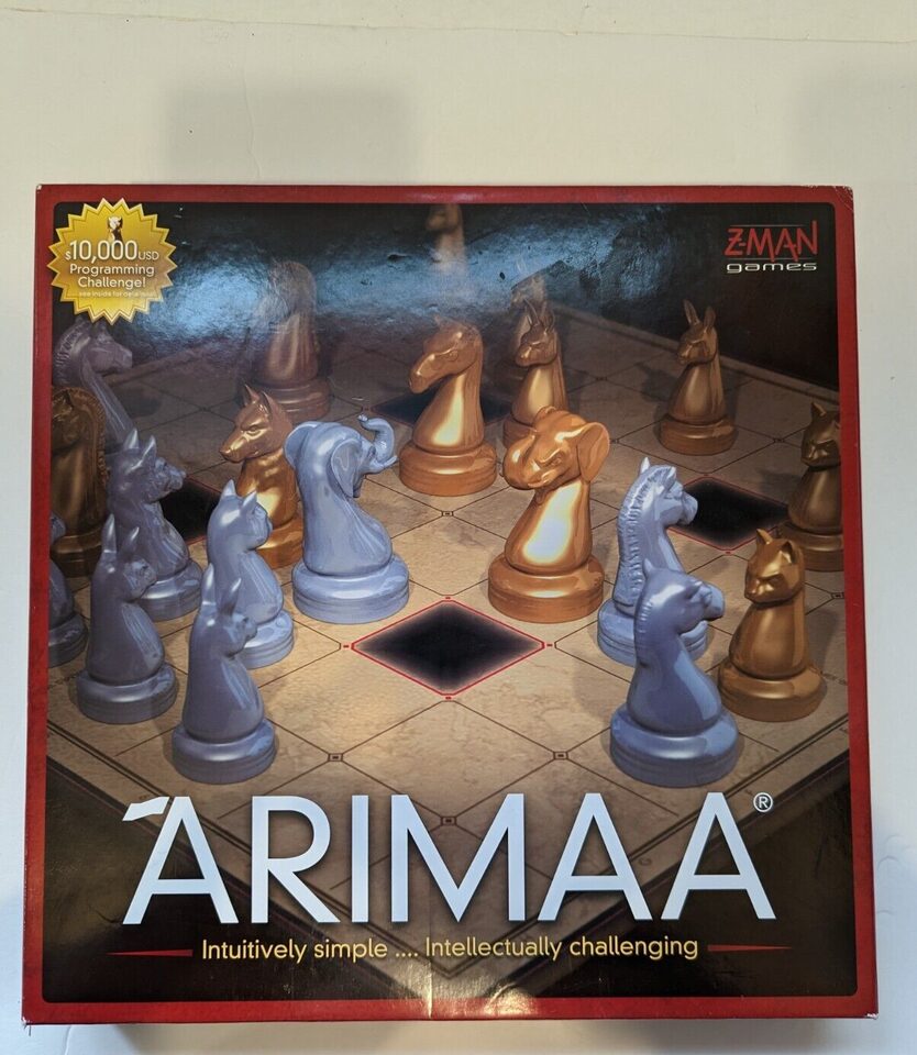 A box cover of the board game "Arimaa" featuring stylized animal chess pieces on a game board, with the Z-Man Games logo and text stating a $10,000 programming challenge.