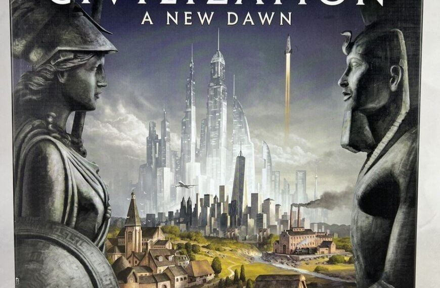 Box cover of Sid Meier's Civilization: A New Dawn board game featuring juxtaposed images of a classical statue and a moai Easter Island statue with a modern futuristic cityscape in the background, indicating a blend of ancient and modern civilizations.