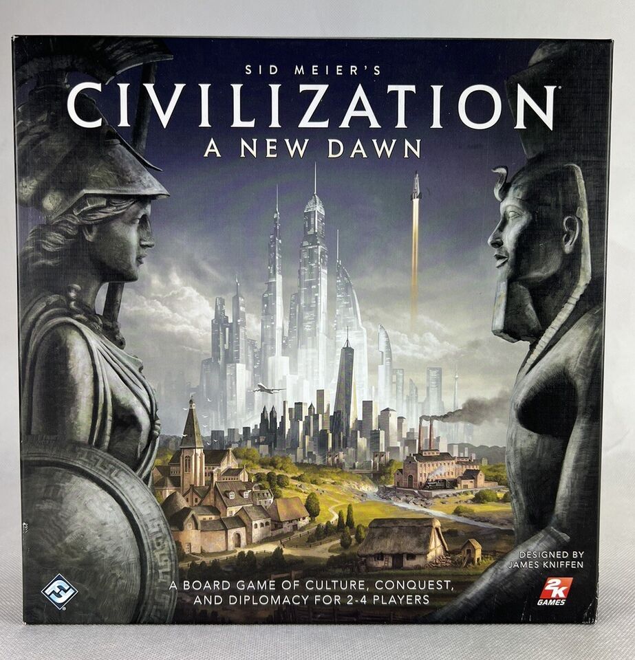 Box cover of Sid Meier's Civilization: A New Dawn board game featuring juxtaposed images of a classical statue and a moai Easter Island statue with a modern futuristic cityscape in the background, indicating a blend of ancient and modern civilizations.