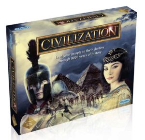 A boxed board game titled "CIVILIZATION" with the tagline "Lead your people to their destiny through 8000 years of history," featuring artwork of a helmeted warrior, an Asian woman, and the pyramids in the background.