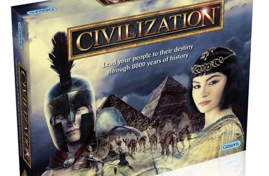 A boxed board game titled "CIVILIZATION" with the tagline "Lead your people to their destiny through 8000 years of history," featuring artwork of a helmeted warrior, an Asian woman, and the pyramids in the background.