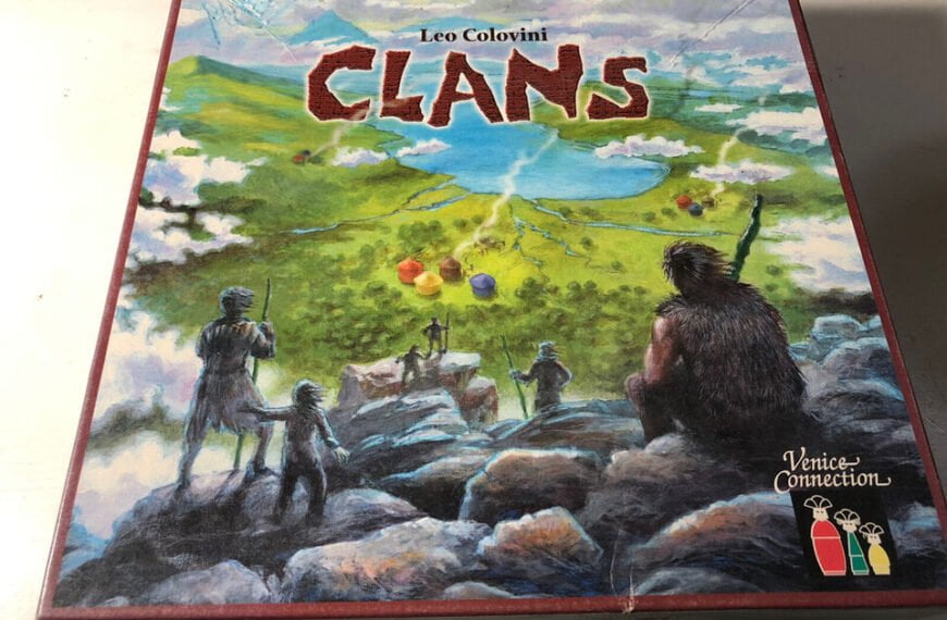 A board game box for "Clans" designed by Leo Colovini, featuring artwork of prehistoric figures standing on a rocky landscape looking out over a green valley with lakes and colorful tents, with the Venice Connection logo at the bottom right corner.