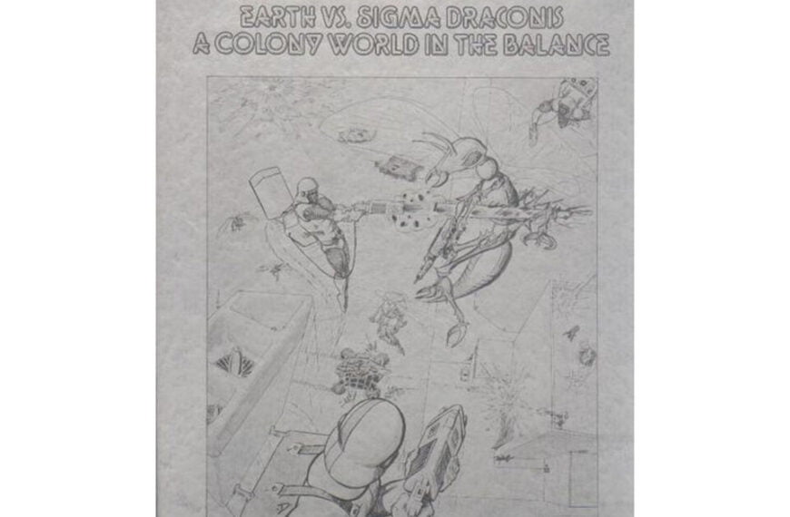 A monochrome image of a cover titled "COLONY DELTA, EARTH VS. SIGMA DRACONIS, A COLONY WORLD IN THE BALANCE" with a sketch of sci-fi space battle scenes, credits for design and graphics by Adam L. Gruen and Jeff Dee, and the publisher mentioned as Fantasy Games Unlimited, Inc.