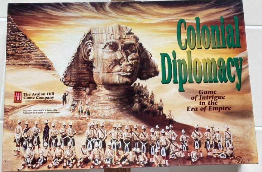 A board game cover titled "Colonial Diplomacy" by The Avalon Hill Game Company, featuring the Sphinx and pyramids of Egypt in the background and colonial-era soldiers in the foreground.
