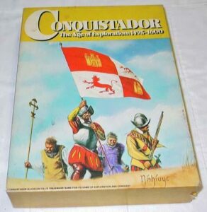 A board game titled "Conquistador: The Age of Exploration 1495-1600" featuring an illustration of four figures in period attire, one holding a flag, against a cloudy sky on the cover.