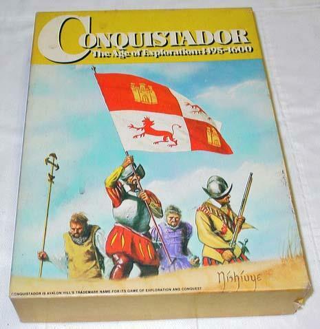A board game titled "Conquistador: The Age of Exploration 1495-1600" featuring an illustration of four figures in period attire, one holding a flag, against a cloudy sky on the cover.