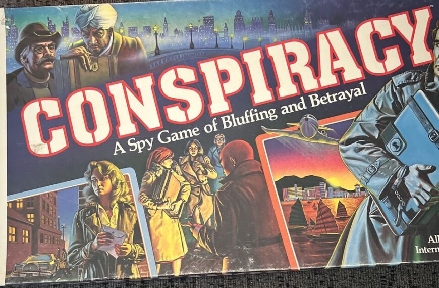 Boardgame cover of "CONSPIRACY: A Spy Game of Bluffing and Betrayal" featuring illustrated spies in various secretive actions, with urban and exotic backdrops.