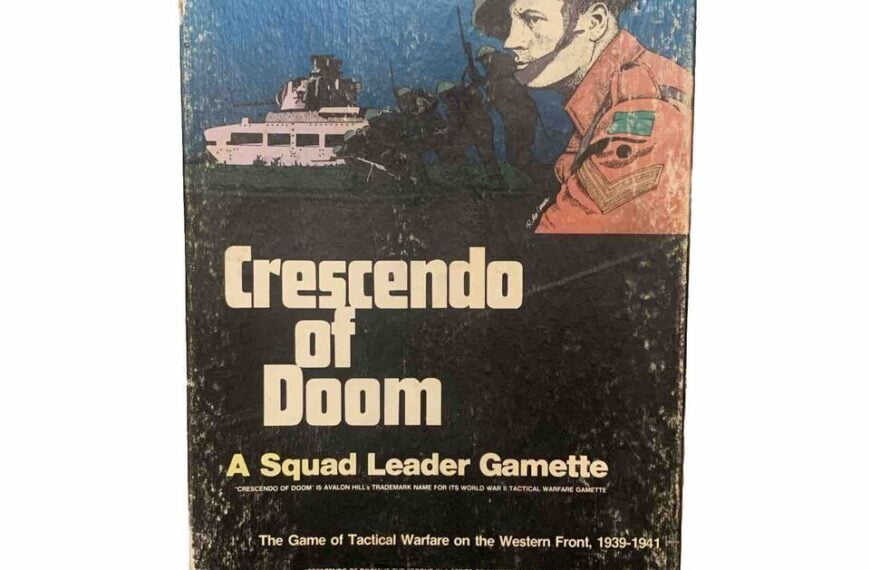 A worn cover of the board game "Crescendo of Doom," featuring a painted image of a soldier in profile with a ship and other soldiers in the background, and text describing it as a Squad Leader Gamette for tactical warfare on the Western Front, 1939-1941.