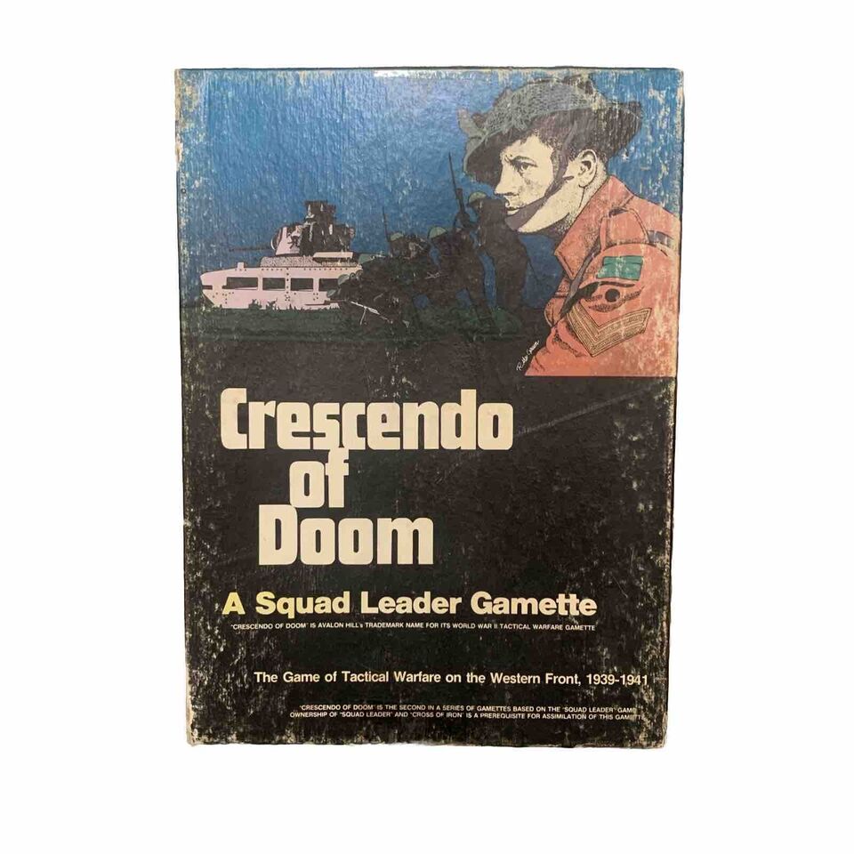 A worn cover of the board game "Crescendo of Doom," featuring a painted image of a soldier in profile with a ship and other soldiers in the background, and text describing it as a Squad Leader Gamette for tactical warfare on the Western Front, 1939-1941.