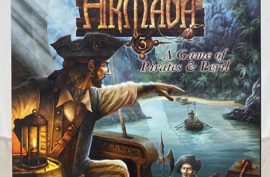 Board game cover featuring an illustration of a pirate pointing out to sea, with a small ship in the background, titled "Armada 3: A Game of Pirates & Peril" by Philippe des Pallières and Patrice Pillet.