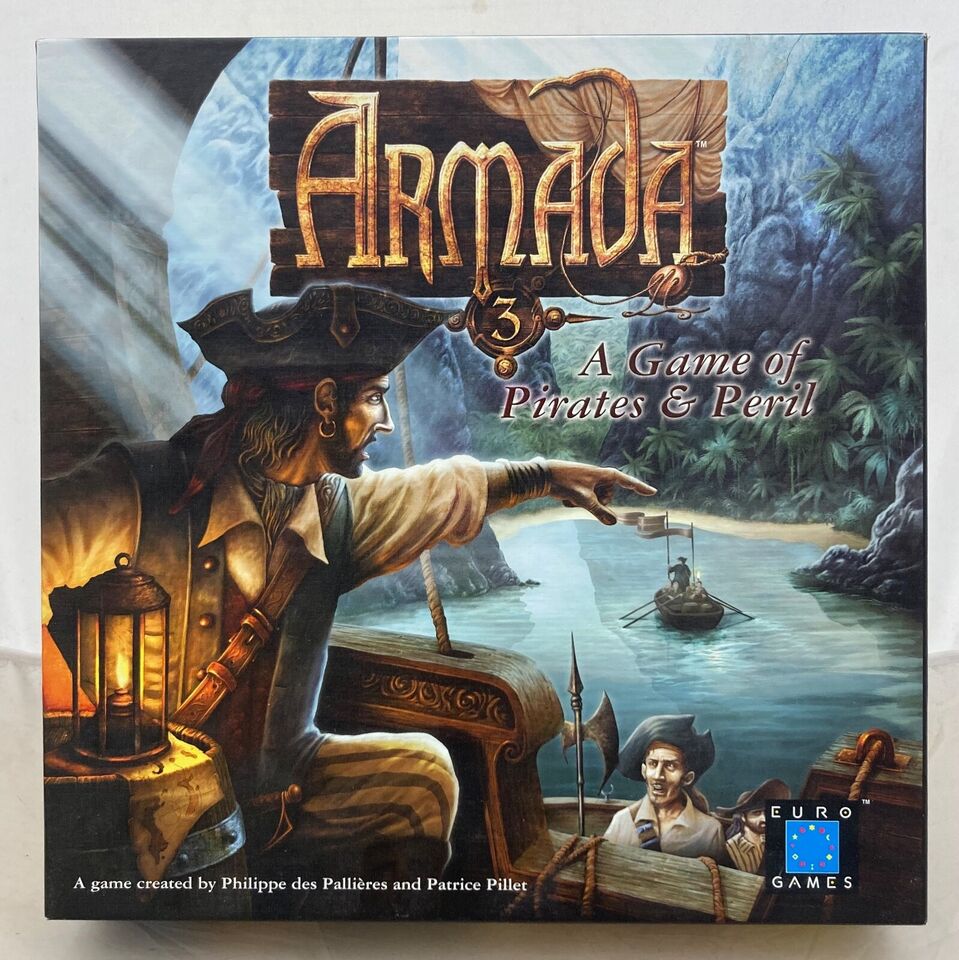Board game cover featuring an illustration of a pirate pointing out to sea, with a small ship in the background, titled "Armada 3: A Game of Pirates & Peril" by Philippe des Pallières and Patrice Pillet.
