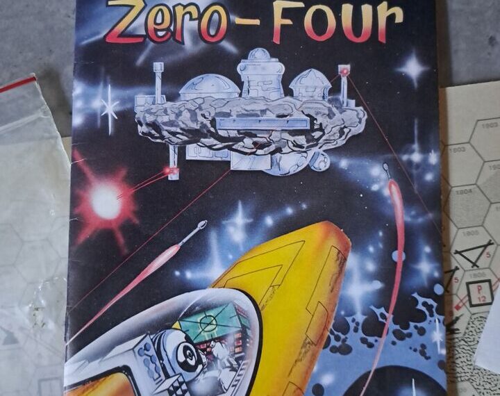 Cover of the board game "Asteroid Zero-Four," featuring a stylized outer space scene with an asteroid outfitted with domed structures, satellites, and a spaceship in the forefront, against a starry backdrop with the title in large red and yellow letters at the top. The bottom of the cover notes "Task Force Game #2."