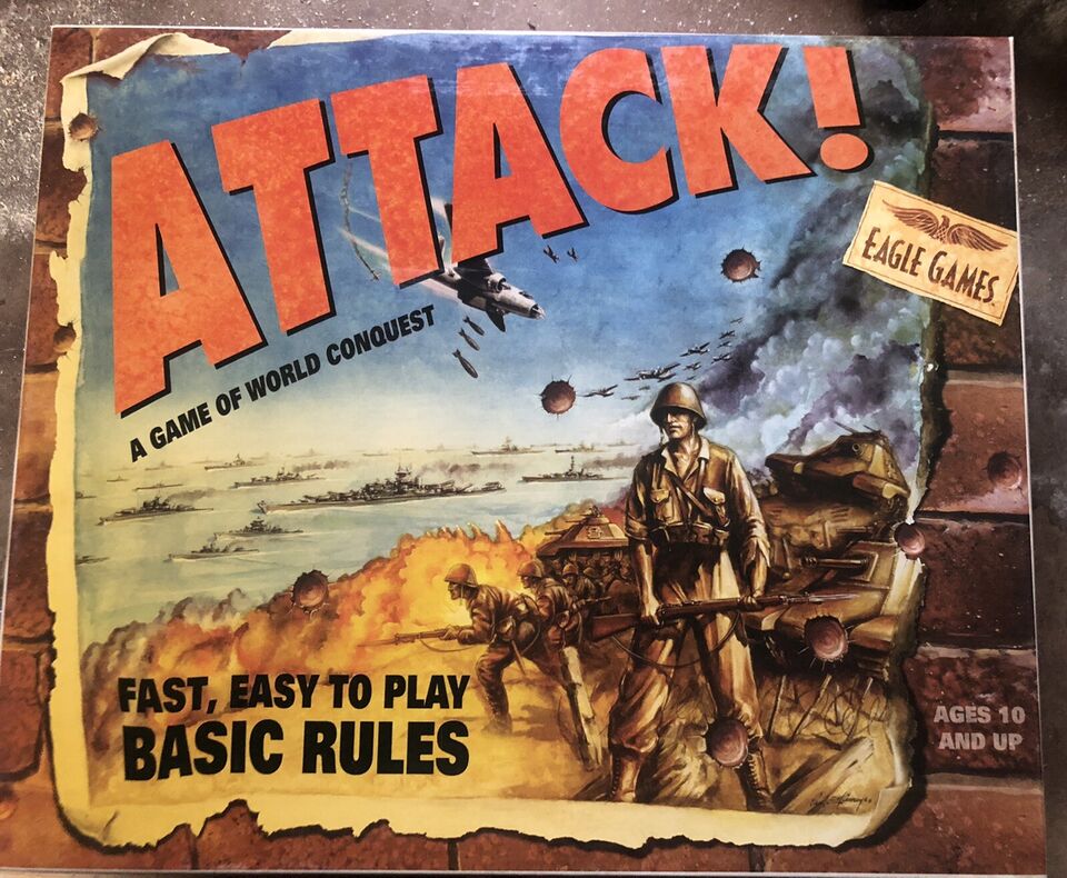 Board game cover titled "ATTACK!" featuring artwork of a soldier and tanks in a battlefield, with text stating "A GAME OF WORLD CONQUEST," "FAST, EASY TO PLAY BASIC RULES," "AGES 10 AND UP," and an "Eagle Games" logo.