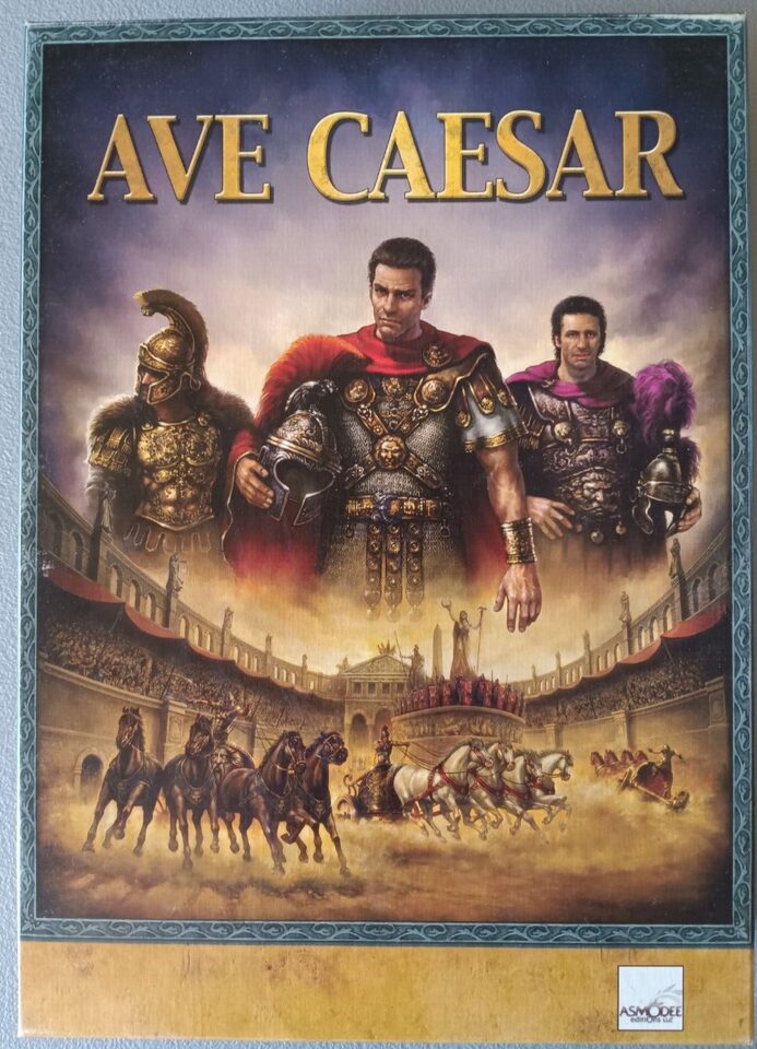 Alt text: Box cover for the "AVE CAESAR" board game, featuring two armored Roman characters in the foreground and a chariot race in the Colosseum in the background. The game logo is at the top, and the Asmodee logo is at the bottom.