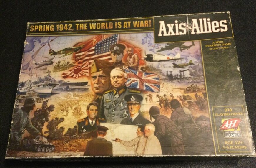 A weathered box cover of the board game "Axis & Allies," depicting various WWII imagery like military leaders, soldiers, planes, and ships, with the text "Spring 1942, The World is at War!" on top.