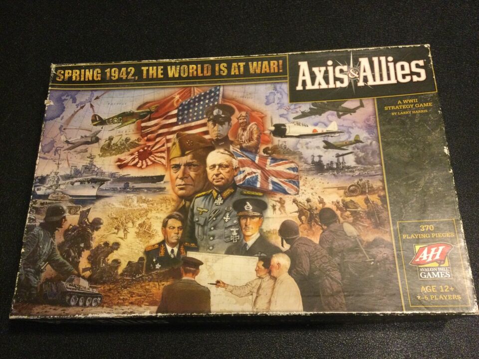 A weathered box cover of the board game "Axis & Allies," depicting various WWII imagery like military leaders, soldiers, planes, and ships, with the text "Spring 1942, The World is at War!" on top.