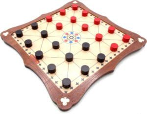 A Chinese Checkers board game with star-shaped layout, wooden edges, and game pieces in the middle of play, red and black pieces scattered across the board.