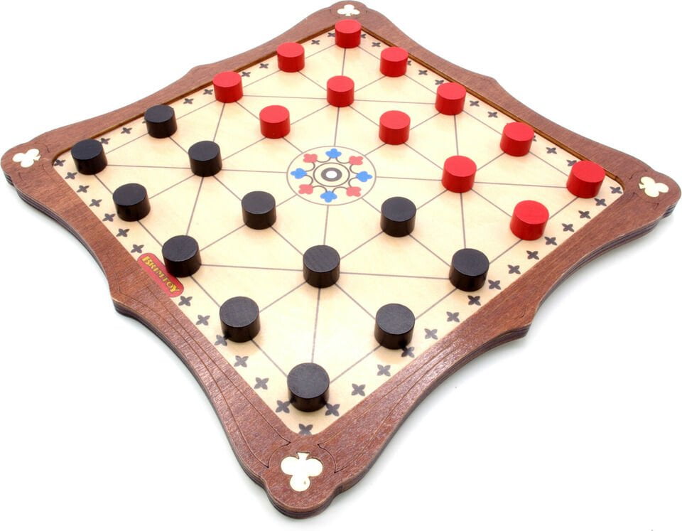 A Chinese Checkers board game with star-shaped layout, wooden edges, and game pieces in the middle of play, red and black pieces scattered across the board.