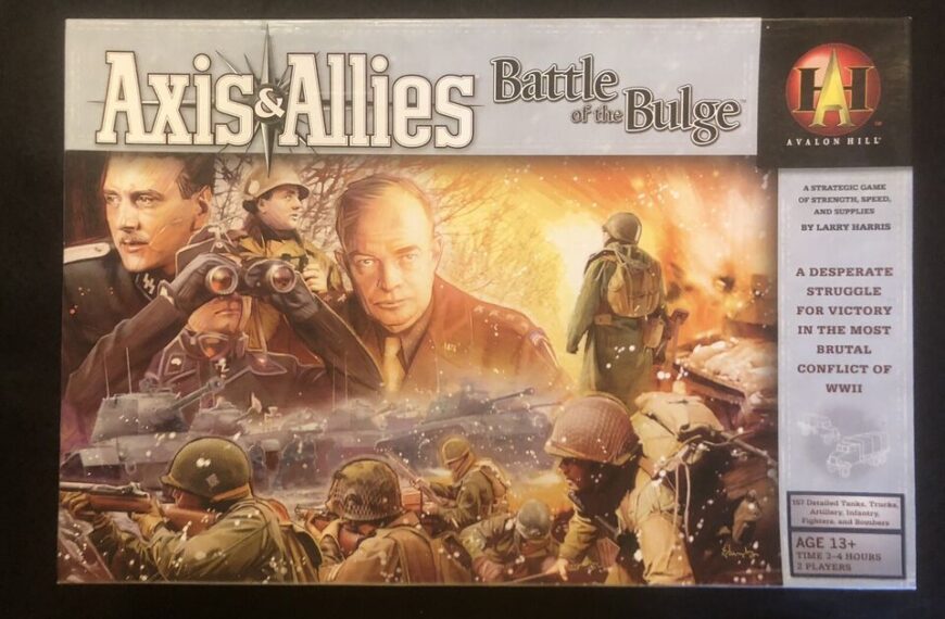 A board game cover for "Axis & Allies Battle of the Bulge" featuring illustrated WWII military figures, leaders with binoculars, and soldiers in combat, with the Avalon Hill logo in the corner.