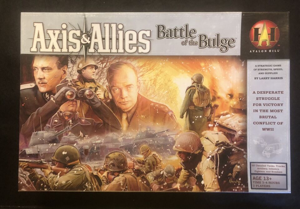 A board game cover for "Axis & Allies Battle of the Bulge" featuring illustrated WWII military figures, leaders with binoculars, and soldiers in combat, with the Avalon Hill logo in the corner.