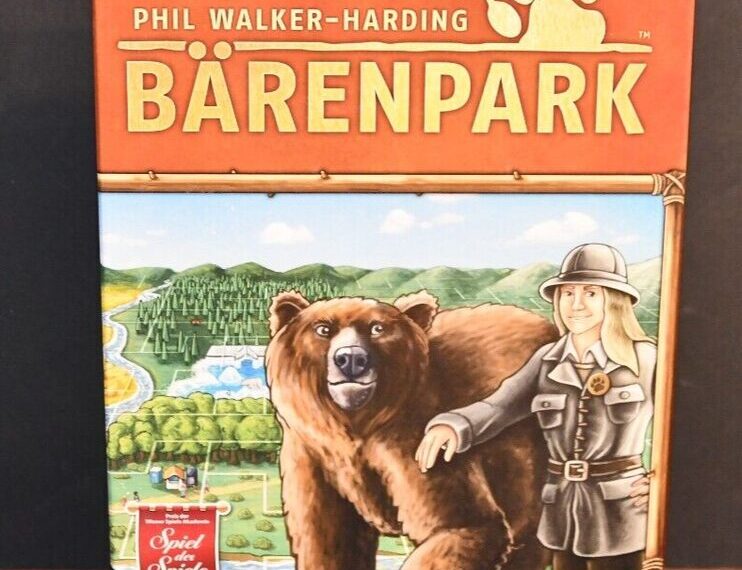 A board game called "Bärenpark" by Phil Walker-Harding, featuring an illustrated bear and a park ranger on the cover, displayed against a wooden background.