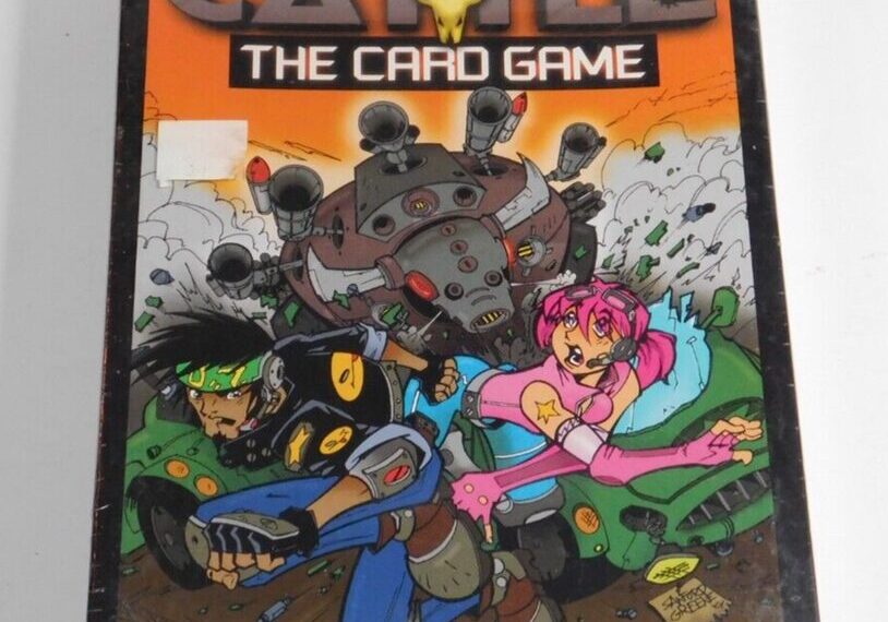 Alt text: A worn box of "Battle Cattle: The Card Game" by Steve Jackson Games, featuring colorful cartoon artwork with a male and female character and a mechanical bull in the background.